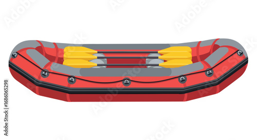Vibrant vector illustration of an inflatable whitewater raft showcasing recreational equipment  paddles and robust design for river adventures