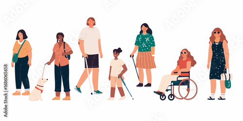 Diverse group of women with disabilities and a guide dog standing together
