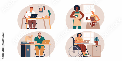 Diverse people working from home and in different professions including a doctor chefs and a veterinarian