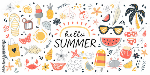 Vibrant hand drawn summer icons and illustrations with hello summer text