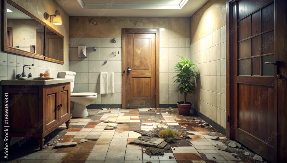 Obraz premium Abandoned Washroom with Messy Floor and Rustic Wooden Elements