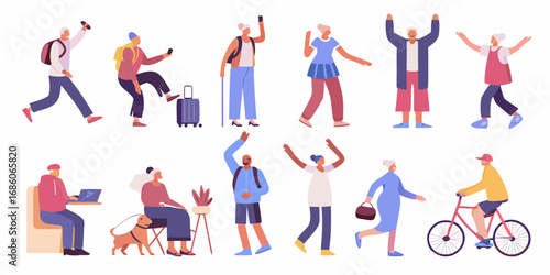 Diverse group of people engaged in various activities like traveling working and leisure on a white background