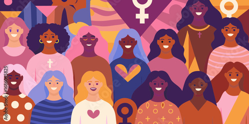Diverse group of women celebrating equality and empowerment with symbols of femininity