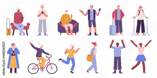 Diverse group of active seniors enjoying life with technology and recreation