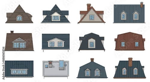 A collection of diverse architectural roof styles showcasing design variations and construction techniques for residential buildings and urban