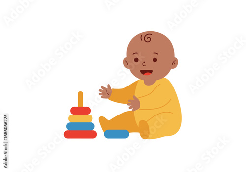 Happy darkskinned baby plays with colorful stacking ring toy tower. Suitable for parenting blogs, toy product promotions, and educational materials.