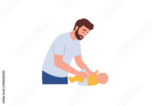 Bearded man changes a babys diaper with loving care. Suitable for parenting blogs, articles, and advertisements promoting family care products.
