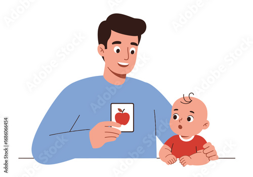 Father shows baby flashcard with red apple. Educational materials for parenting blogs or articles. Applethemed designs for baby products.