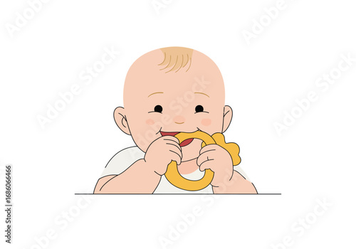 Baby happily chewing on a bright yellow teething toy, perfect for baby product advertisements, parenting blogs, and childcarerelated designs.