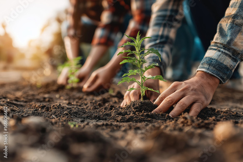Gardening enthusiasts planting seedlings in soil during sunset in rural community garden