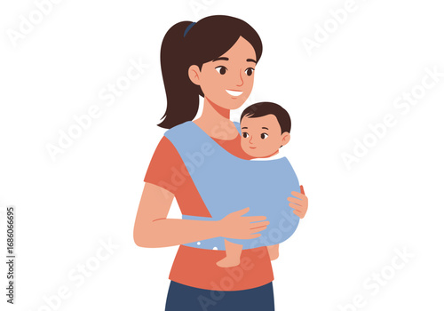 Motherly connection between a smiling woman and her baby in a light blue sling, ideal for parenting, family, and childcare concepts.