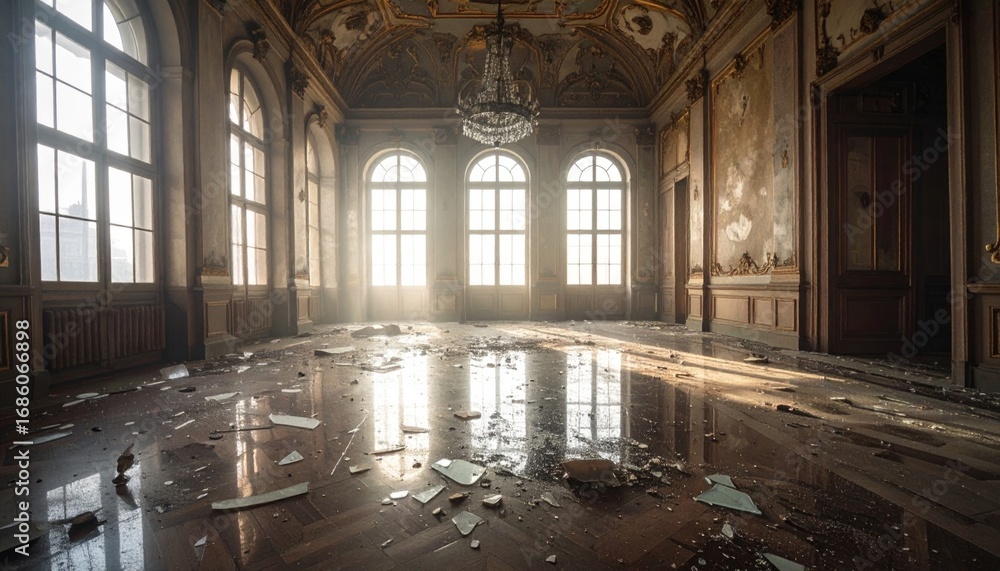 Fototapeta premium Abandoned Grand Hall with Dust and Debris in Natural Light