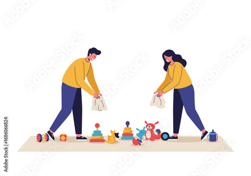 Parents clean up scattered toys in a playroom. Suitable for parenting blogs, childcare websites, family magazines, home organization articles.