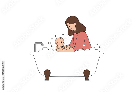 Woman bathes a baby in a white tub filled with bubbles. Ideal for parenting blogs, childcare brochures, hygiene products.