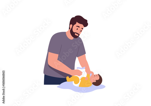 Man changing a babys diaper with care, showing fatherhood, parenting, childcare, loving relationship, responsibility, bonding, and nurturing. 