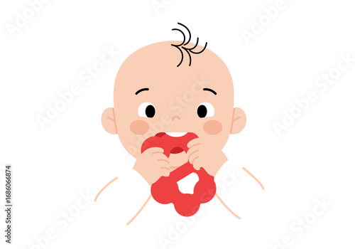 Cute baby enjoying red teether, suitable for baby product advertisements, parenting blogs, and childcare literature, engaging with colorful toys.
