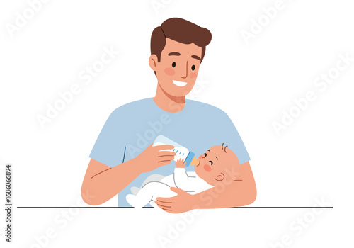 Father feeding baby indoors with a bottle. Suitable for parenting, family, fatherhood, baby care, feeding, bonding, and childcare concepts.
