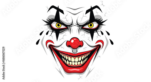 Terrifying grinning clown face with sharp features and blood red lips showing menacing teeth on a white background is creepy