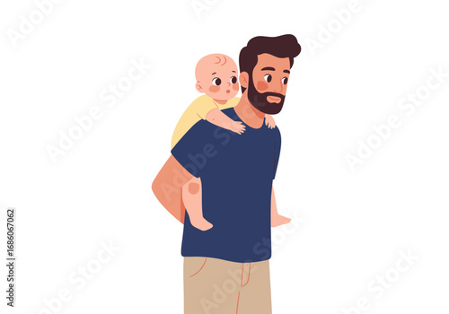 Father carrying baby securely on his back, portraying love and closeness. Suitable for parenting magazines and ads.