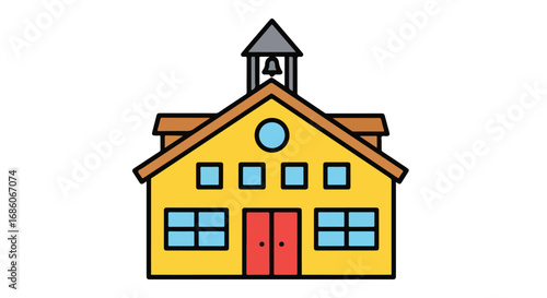 A Delightful Cartoon Rendering of a Classic Schoolhouse with Colorful Accents