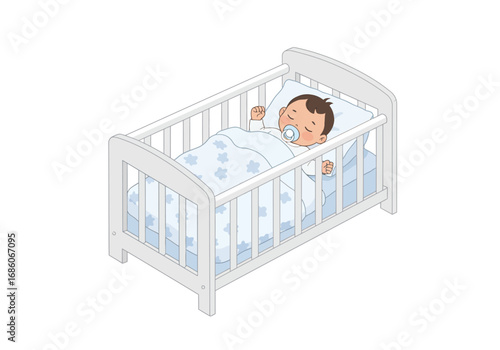 Baby peacefully sleeps with a pacifier in a white crib. Suitable for baby products, parenting blogs, sleeprelated content, and advertisements.
