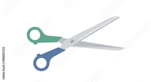 Scissors illustrated with green and blue handles, opening blades against a clean white backdrop creating a minimalist aesthetic and modern design