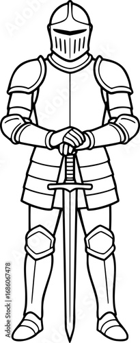 Medieval knight suit of armor vector outline black and white icon isolated illustration image decal design
