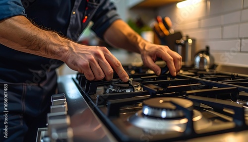 Close-up of a person adjusting gas stove burners.  Hands are focused on the controls, close to a modern stove