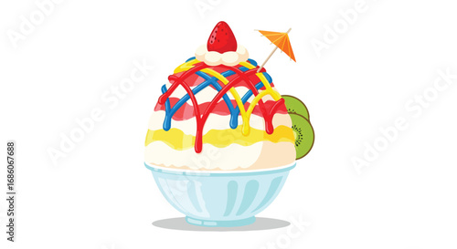 Vibrant Cartoon Shaved Ice Dessert with Fruity Toppings and Playful Presentation on Bright Background