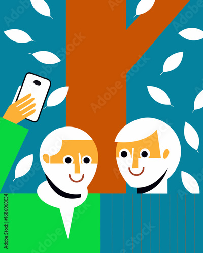Elderly couple friends enjoying autumn vibes while taking selfies under a vibrant tree with falling leaves, capturing joyful moments in a colorful seasonal atmosphere