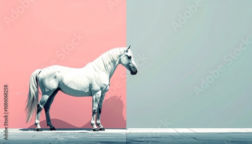 白い馬とピンク色のシンプルな背景