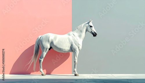 白い馬とピンク色のシンプルな背景