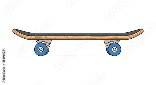 Illustration of a classic wooden skateboard with blue wheels ready for thrilling rides and adventures on a summer day exploring urban landscapes