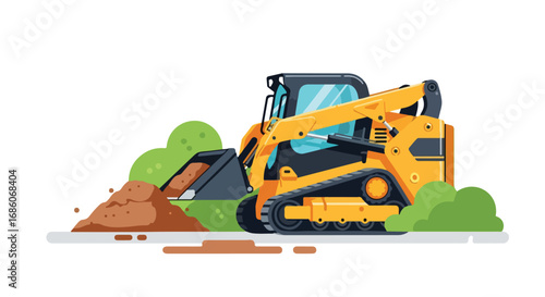 Stylized Yellow Skid-Steer Loader Illustration Amidst Greenery and Earthen Mound Conveying Industrial Design Aesthetic and Construction Activity