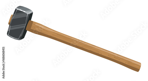 Illustration of a cartoonish sledgehammer with a brown wooden handle isolated against a pure white background crafted in vector format