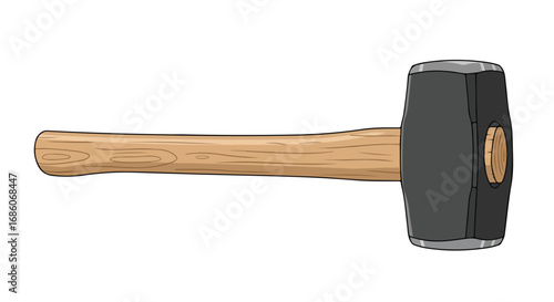 Cartoon style sledgehammer illustration with wooden handle and black metal head tool for building demolition and construction applications