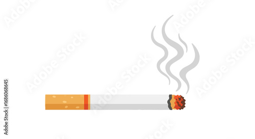 Stylized vector illustration of a burning cigarette emitting smoke on a white background highlighting health implications