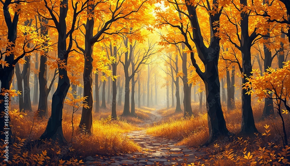 Fototapeta premium Surreal forest of golden geometric trees, polygon style, glowing autumn tones