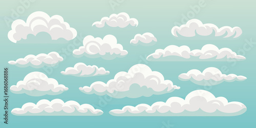 Collection of stylized fluffy white cartoon clouds scattered across a light blue sky background