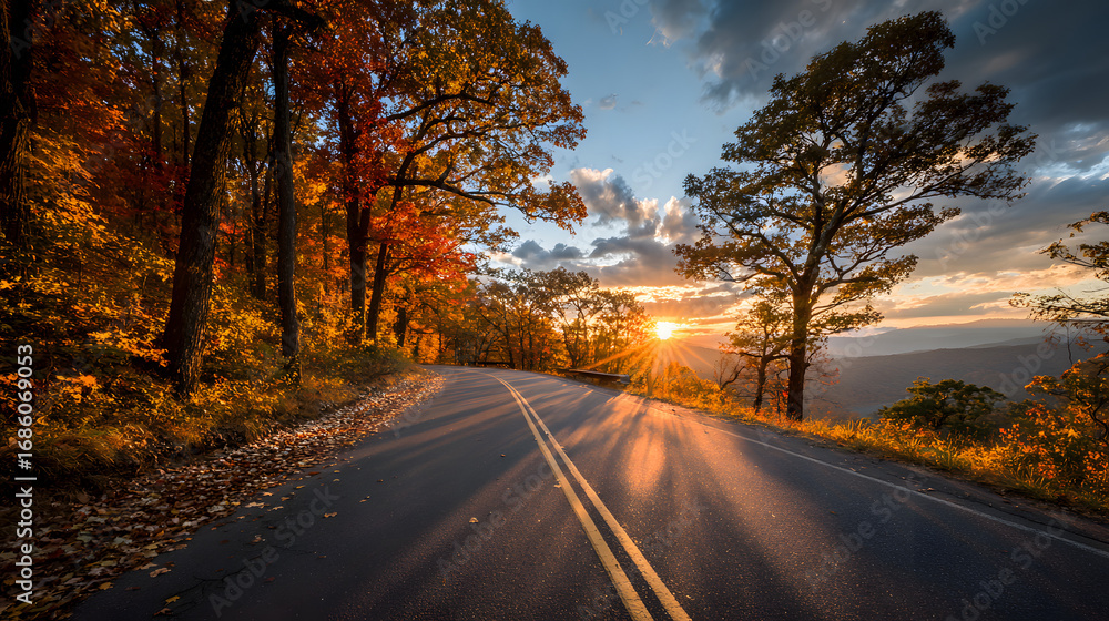 Fototapeta premium Scenic autumn road trip during golden hour, asphalt pathway lined with vibrant fall foliage under a dramatic sunset sky.