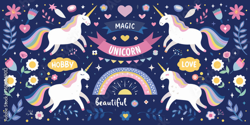Whimsical illustration of four magical unicorns surrounded by colorful flowers stars hearts and rainbows on a dark blue background