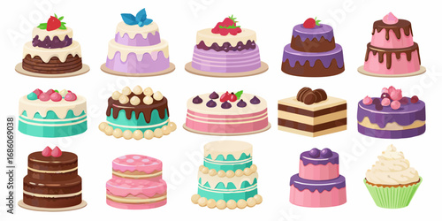 Collection of assorted colorful cakes and cupcakes decorated with fruits and frosting