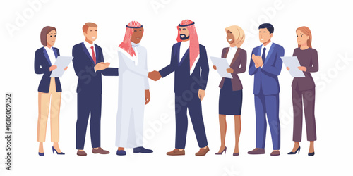 Diverse business professionals in suits and traditional attire shaking hands in agreement