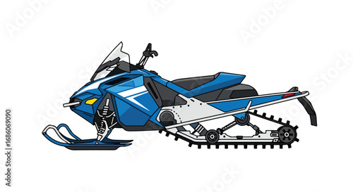 Vector illustration of a blue and white snowmobile isolated on white background showcasing winter recreational vehicle design and mechanical aspects