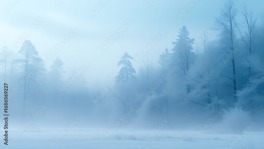 Fototapeta premium Misty winter forest with frozen trees and soft fog layers, evoking a serene atmosphere.