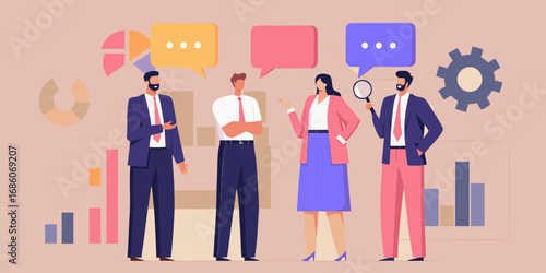Diverse business professionals engaged in discussion with speech bubbles and data visualization elements