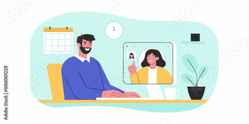 Man participating in a video conference call with a colleague from his home office setup
