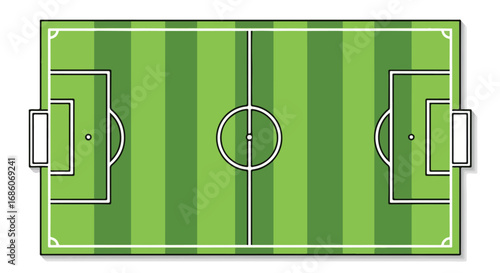 Flat design illustration of a vibrant green football pitch, showcasing geometric precision and sporting layouts for design elements