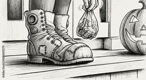 Detailed Illustration of a Stitched and Weathered Halloween Boot