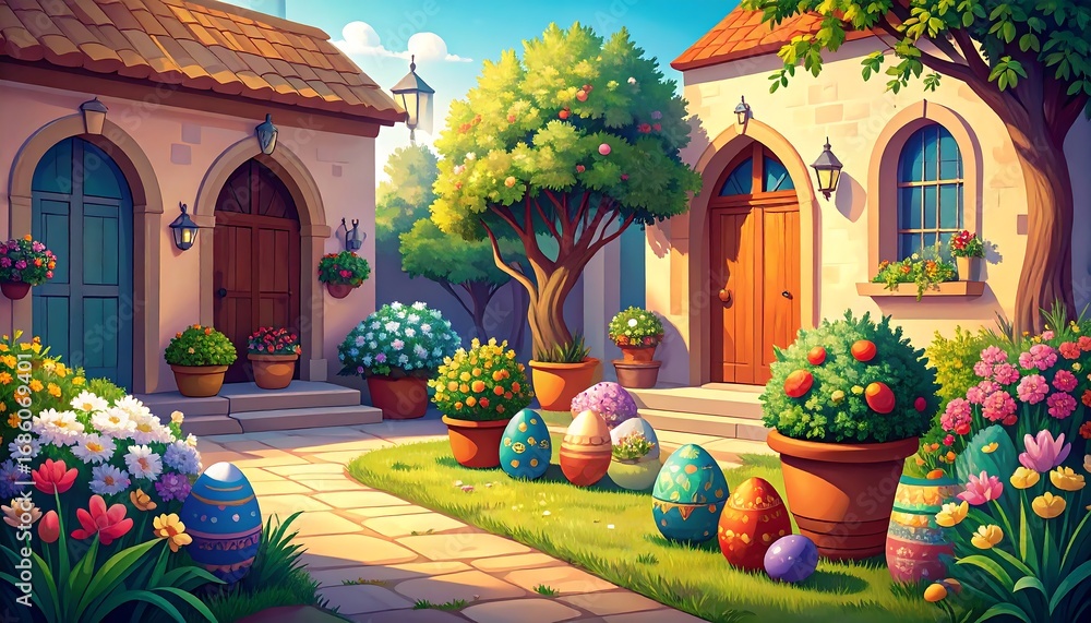 Fototapeta premium A charming, colorful garden setting in front of a pastel-colored house, featuring vibrant flowers and decorated Easter eggs.
